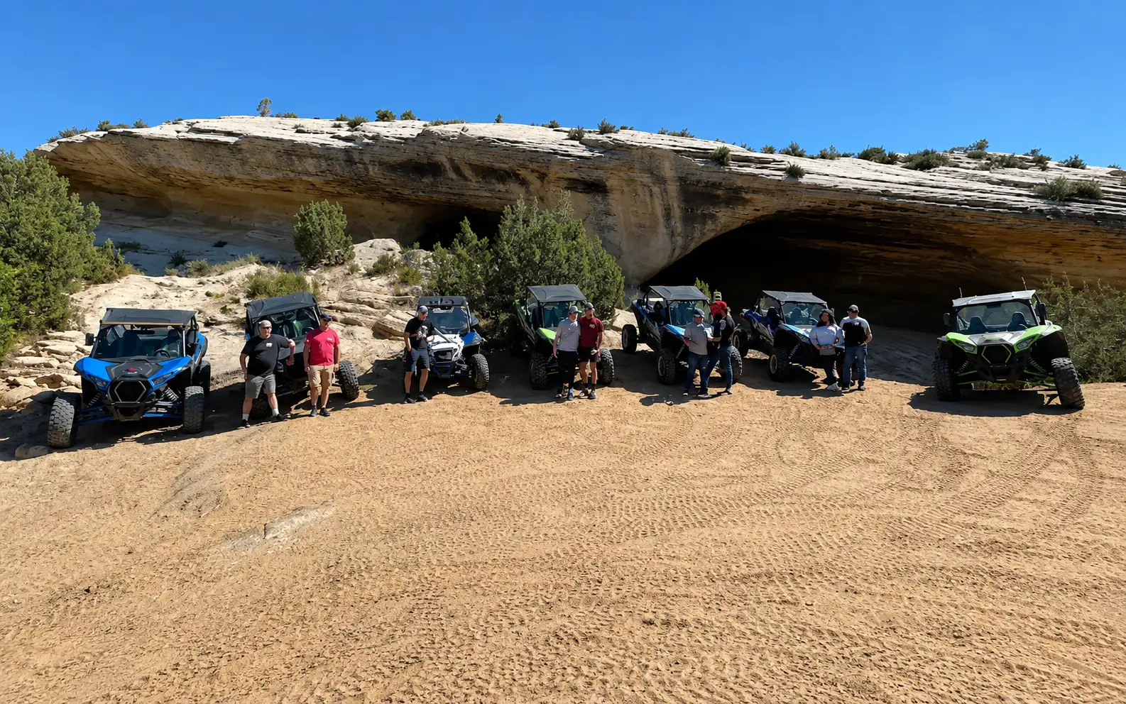 Lineup of Kawasaki KRX 1000 side-by-sides staged before a guided UTV tour in Vernal Utah