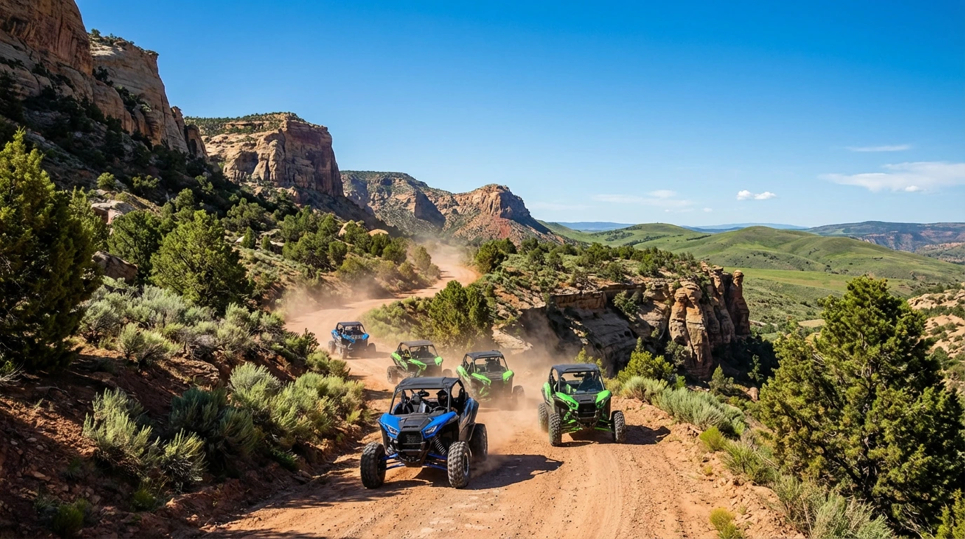 Convoy of side-by-side UTVs on a mountain trail during a guided tour near Vernal Utah