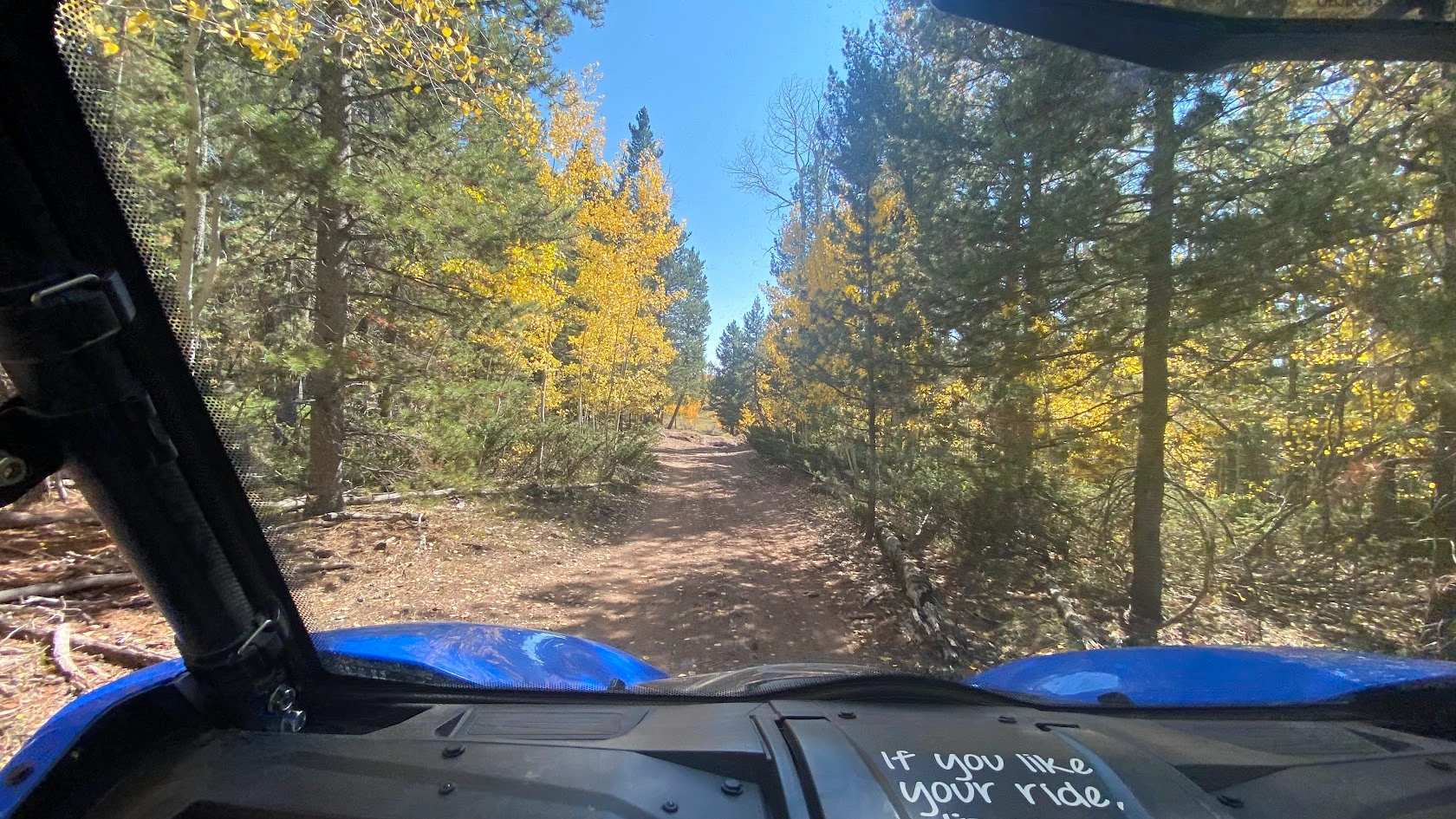 Side-by-side UTV on an aspen-lined trail near Vernal Utah